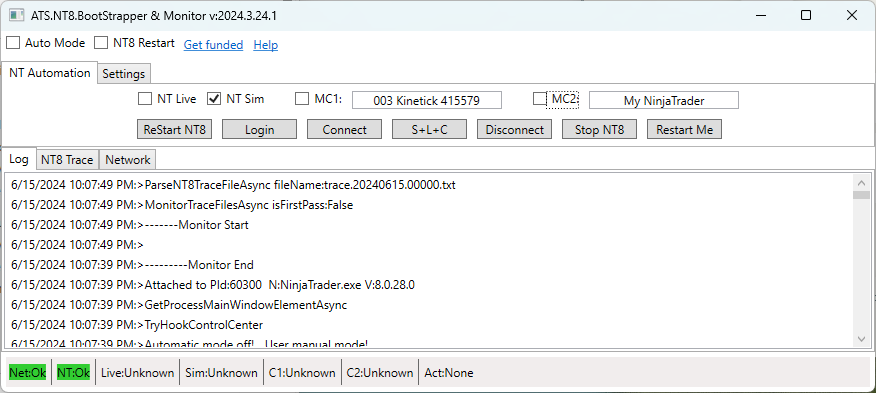 NinjaTrader Connections Menu