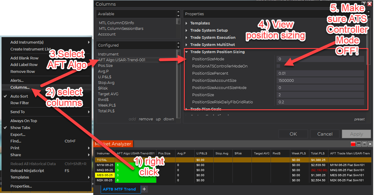 AFT8 Algo Entry Module Position Size settings